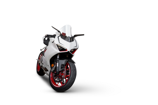 White and red sport motorcycle viewed from the front isolated on transparent background. Sleek fairing with angular lines and twin headlights