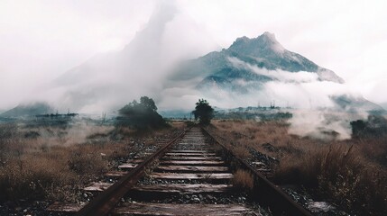 Fototapeta premium Abandoned Railroad Tracks Surrounded by Misty Mountains and Fog