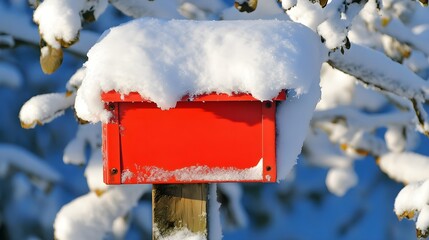 Bright Red Mailbox Against Snowy Background in Winter Wonderland Scene