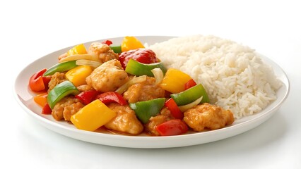 Sweet and Sour Chicken with Bell Peppers and Rice on White Plate