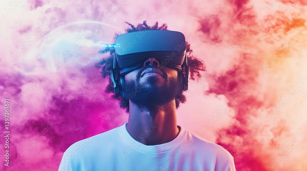 Poster man using vr headset in colorful digital environment with effects