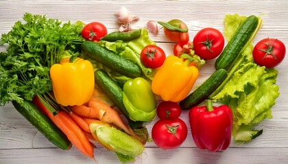 Flat lay background of various fresh vegetables &ndash; tomatoes, cucumbers, carrots, peppers and lettuce &ndash; arranged aesthetically on a white wooden surface