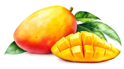 Fresh Mango Watercolor Illustration with Slices and Green Leaves