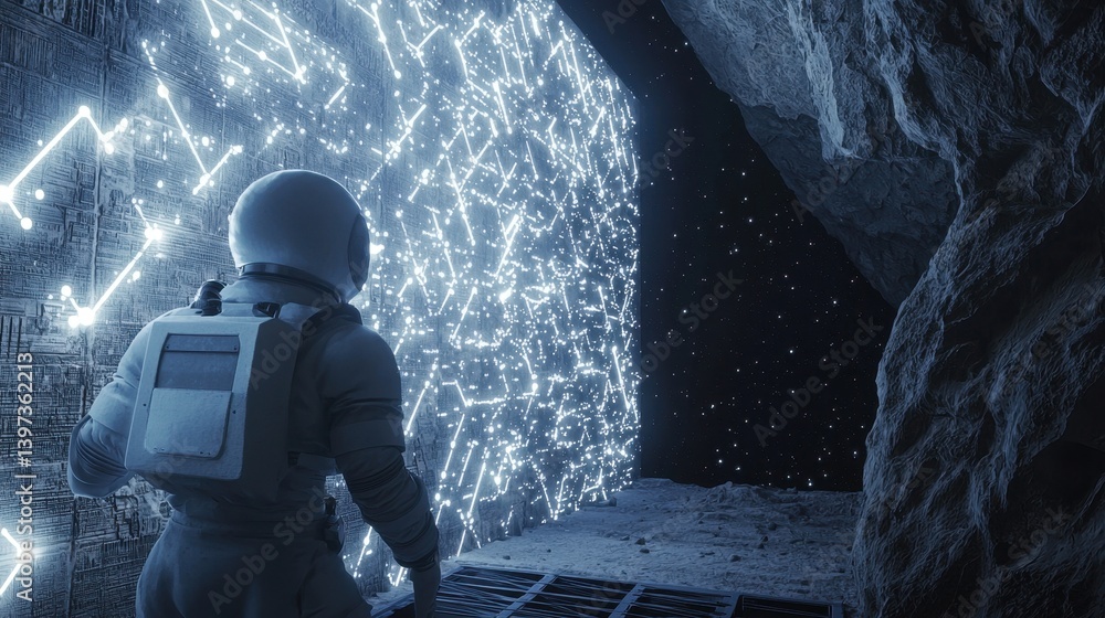 Wall mural astronaut in a mysterious cave with glowing star patterns