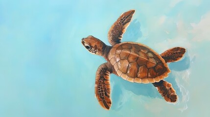 Fototapeta premium Watercolor Illustration of a Green Sea Turtle Hatchling Swimming in Crystal Clear Water