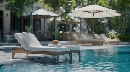 Fototapeta premium Elegant Lounge Chair by Luxury Poolside in Serene Resort Setting