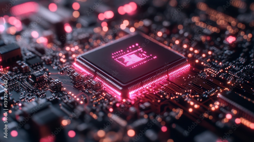 Poster illuminated central processor unit, a close-up of a circuit board