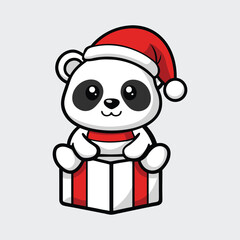 Cute Panda With Christmas Hat On Gift Box
