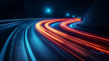 Handdoek met foto Snelweg bij nacht Highway with light trails, dark tunnel, illuminated by overhead lamps, blue and red tones  © muhammad
