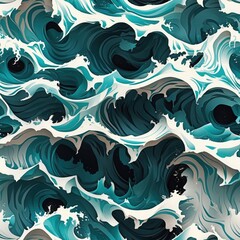 Fototapeta premium Blue seamless pattern. Decorative repeat background. Texture with wavy shapes. Ocean waves. Abstract forms wallpaper