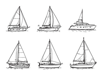 Yacht Black Line Art Illustration on White Background