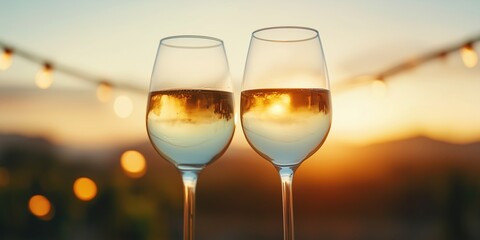 Beautiful sunset with two glasses of white wine filled to the brim in a vineyard setting