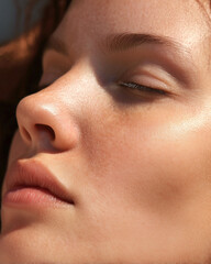 Fototapeta premium Photo macro visage de femme au soleil, skincare, soin de la peau en été 