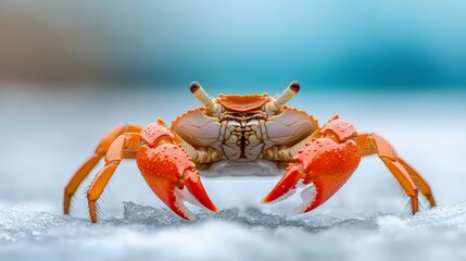 Red Crab Gripping Rocky Icy Surface with Claws in Snowy Landscape