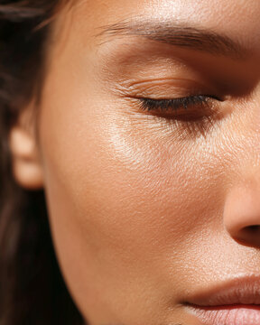 Photo macro visage de femme au soleil, skincare, soin de la peau en &eacute;t&eacute; 