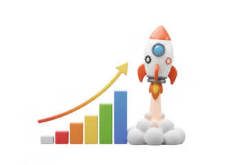 Rocket launching with rising graph showing growth and progress trend
