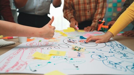 A dynamic brainstorming session featuring diverse hands working collaboratively on colorful sticky notes and charts, fostering creative ideas in a modern office backdrop. SACTR