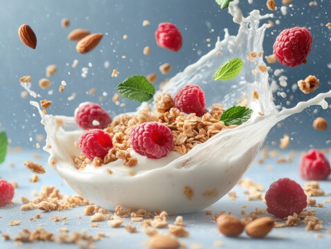 Creamy wave of yogurt splashes around fresh raspberries and crunchy granola in an energizing breakfast setting