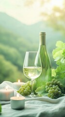 Refreshing white wine with fresh grapes and candles set against a serene, green landscape at sunset