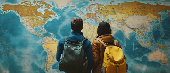 Couple looking at a world map with their backpacks