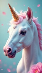 Close-up of a unicorn foal's face, surrounded by soft, pastel colors and delicate patterns, illustration, magic