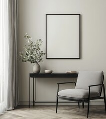Elegant Minimalist Interior Design with Chair, Console Table, and Decorative Plant in Soft Color Palette