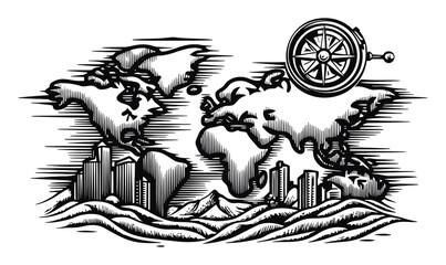 Fototapeta premium Vintage Map Design with Compass Elements in Black and White Style
