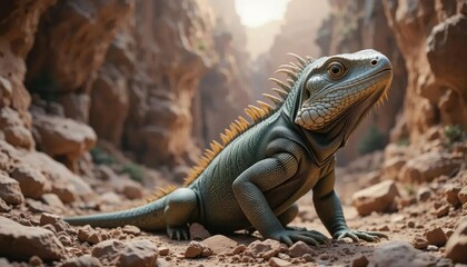 Fototapeta premium Ancient Lizard in Sandstone Canyon, Sunlit Gorge