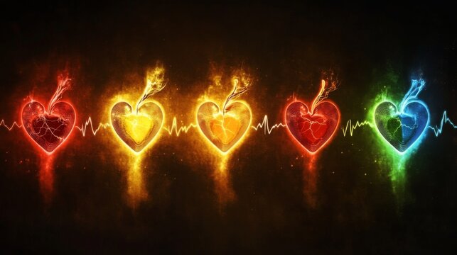 A series of heart waveforms depicted in different colors, symbolizing various emotional states, displayed on a dark background for a striking contrast