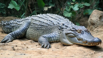 Fototapeta premium A large crocodile is resting on a sandy brown surface peacefully