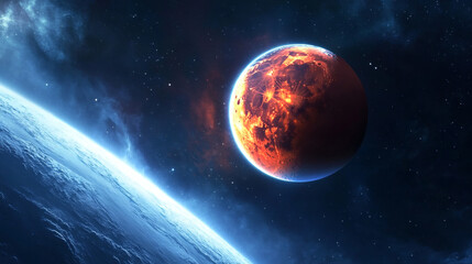 Obraz premium Fiery Planet, Space, Cosmic, Nebula, Background, Science Fiction, Artwork, Illustration