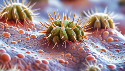 Extreme close-up Extreme close-up of human skin cells under microscope, detailed texture and cell membranes, biomedical visualization styleof cactus surface, showing thorns and textured skin, isolated