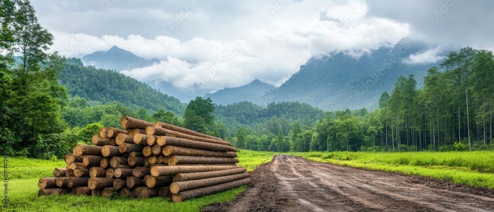 Poster stacked logs on the edge of a green forest with misty mountains in the background