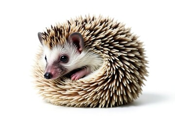 Obraz premium Tiny hedgehog curled in a ball, isolated on pure white background, white, photo, animal