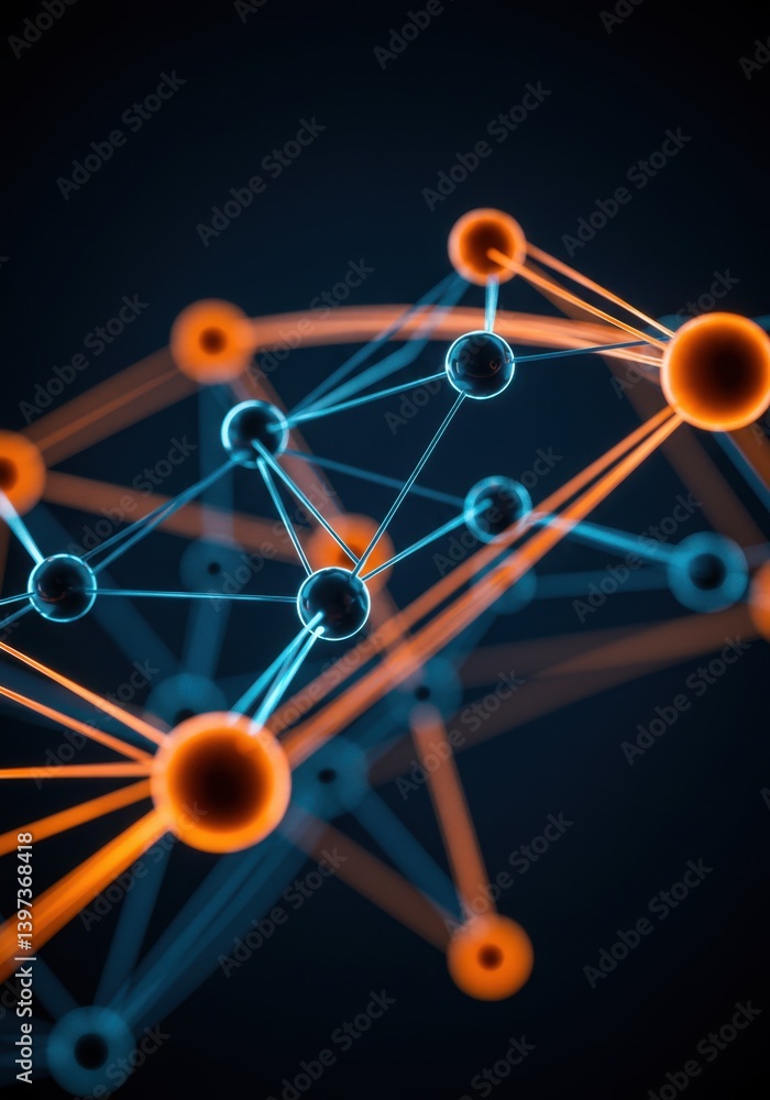 Aufkleber abstract molecular structure network: interconnected nodes and bonds in vibrant hues of blue and ora