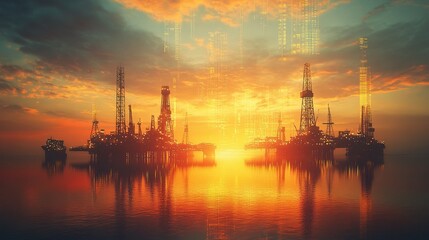 Obraz premium Double Exposure of Oil Rigs Against Sunset Background with Trend Effect