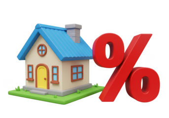 Cartoon house with blue roof and a large red percentage symbol next it