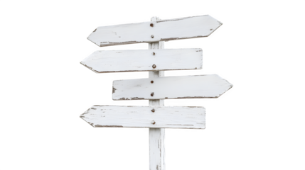 Simple directional signpost with multiple blank arrows, painted white,