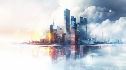 Modern Business Center with Reflections in Water and Cloudy Sky