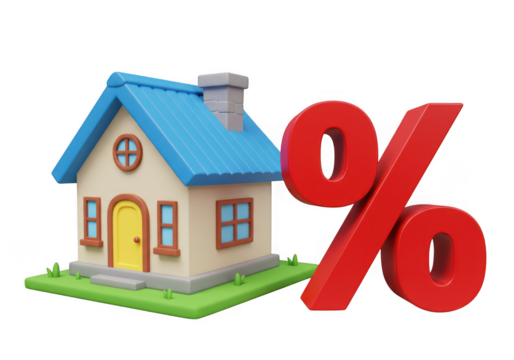 Cartoon house with blue roof and a large red percentage symbol next it