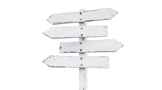 Simple directional signpost with multiple blank arrows, painted white,