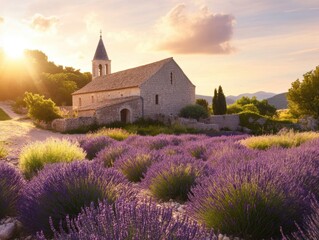 Lavender fields bloom near a serene church at sunset in the countryside of Provence