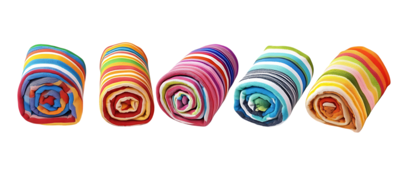 Pack of Rolled Striped Beach Blanket Set Against Transparent Background for Summer or Travel Design Projects