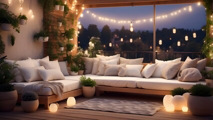 Cozy terrace with pillows, blankets, plants and lights