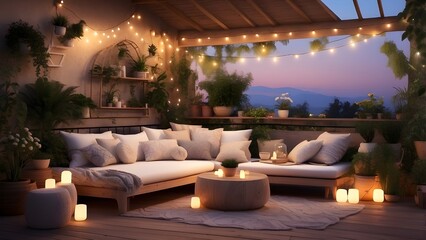 Cozy terrace with pillows, blankets, plants and lights