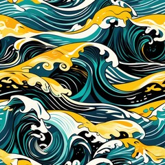 Fototapeta premium Repeating pattern backdrop. Blue yellow ocean waves seamless design. Marine background texture.