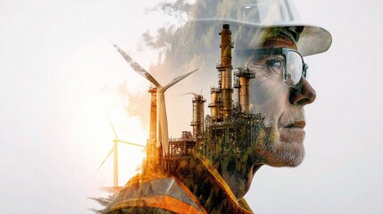 Industrial Worker Portrait with Refinery and Wind Turbines Overlay