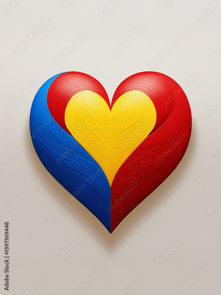 Poster a heart divided into red, blue, and yellow sections with textured, curved patterns. the vibrant colo