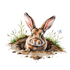 Watercolor Rabbit Emerging from a Burrow in Grass