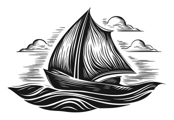 Vintage Sailboat Illustration with Waves and Clouds in Black and White